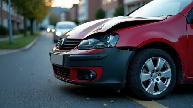 smashed red car with crumpled hood and broken bumper on road. auto accident and vehicle collision concept. insurance claim, repair service. transportation safety.