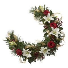 Christmas wreath with red roses, white lilies, pine branches, and gold ribbon holiday