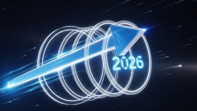 Futuristic blue arrow showing upward growth and progress towards the year 2026