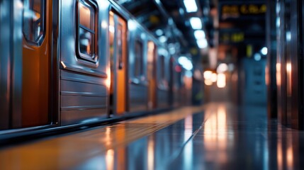 A vibrant subway scene showcasing an empty platform with glistening floors and illuminated train doors