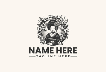 Elegantly Crafted Geisha Logo Vector Illustration with Floral Accents