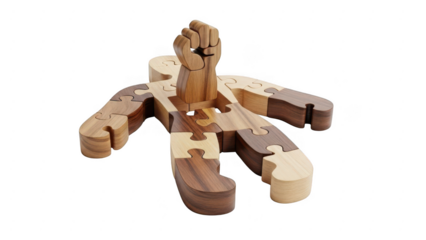 Artistic wooden puzzle hand sculpture with raised fist isolated on transparent background