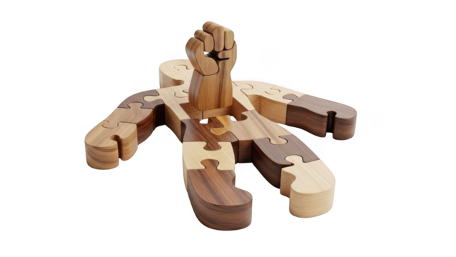 Artistic wooden puzzle hand sculpture with raised fist isolated on transparent background - Powered by Adobe