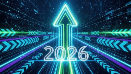 Digital futuristic abstract background with neon arrow pointing up and year 2026