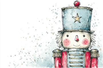 simple watercolor of a nutcracker with a red uniform, classic toy, simple details illustration