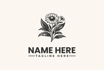 Classic hand-drawn floral logo vector illustration featuring a beautiful daisy bloom, an elegant vintage botanical design concept