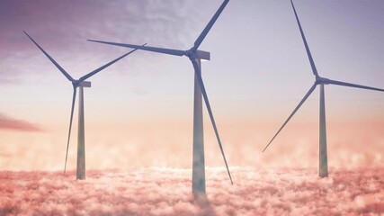 Wind turbines at sea during morning. Nice 3d animation of spinning wind mill wings and morning dusk with clouds and panoramic drone movement. - Powered by Adobe