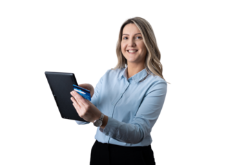 Woman smiling holding tablet and credit card shopping online