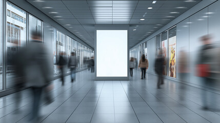 A busy corridor with blurred figures of pedestrians, showcasing a blank advertising display against modern architecture.