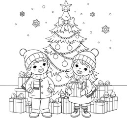 Happy Christmas Tree with Presents and Children