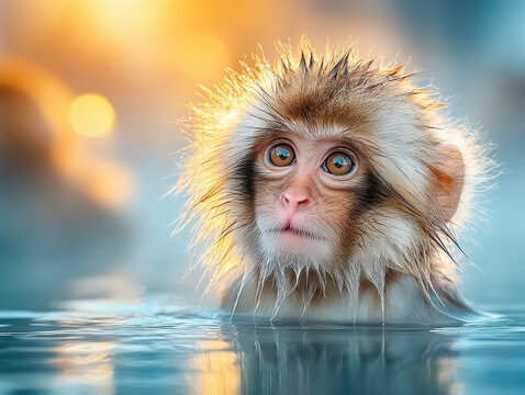 Snow monkey in hot spring