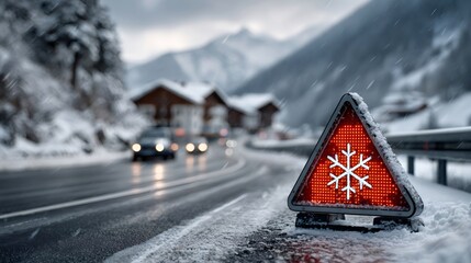 Winter road warning sign with illuminated snowflake for icy conditions