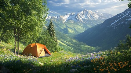 Summer camping adventure featuring a tent on green grass in a scenic mountain landscape for hiking and outdoor nature trekking