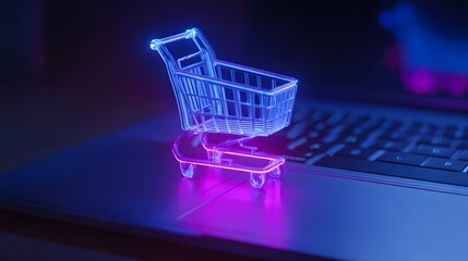Futuristic e-commerce concept a glowing shopping cart floats above a sleek laptop display