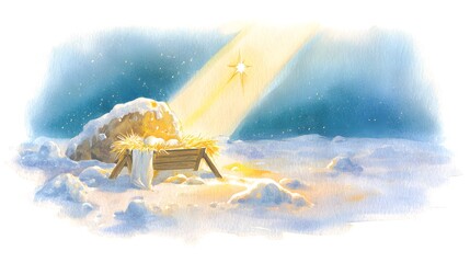 Peaceful winter manger illustration bathed in golden light evokes a serene holy night scene