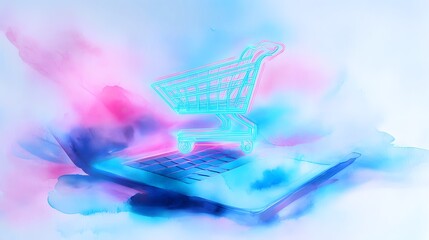 Futuristic digital commerce illustration blending neon blues pinks above a laptop touchpad