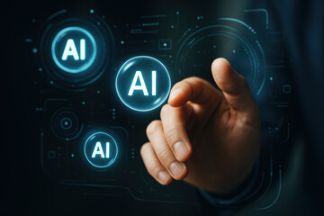 Innovation interaction automation AI technology augmented reality futuristic hand gesture controls floating glowing interface bubble conveying optimistic business transformation