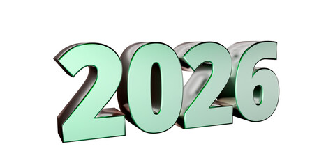 2026 plakative metallische Jahreszahl, 3D-Schrift, Kalender, Perspektive, Nummer, Jubiläum, Neujahr,  business, Planung, Jahreswechsel, Freisteller, Alphakanal, grün, pastell