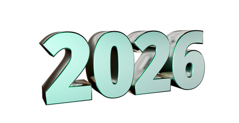 2026 plakative metallische Jahreszahl, 3D-Schrift, Kalender, Perspektive, Nummer, Jubiläum, Neujahr,  business, Planung, Jahreswechsel, Freisteller, Alphakanal, grün, pastell