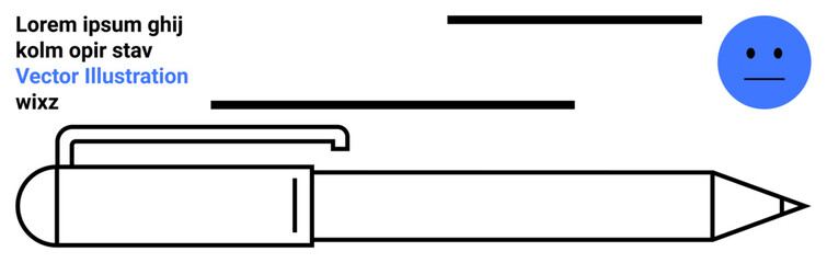 Design, communication, emotion, graphic art, creativity, illustration. Abstract image with a large pen, blue happy face and text overlay. Design and communication concepts