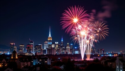A vibrant night sky above a city, with a prominent fireworks display overlooking buildings.