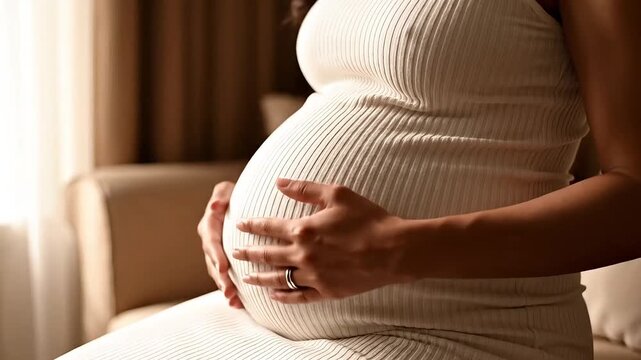 Expecting mother gently holding baby bump with love and joyful anticipation at home