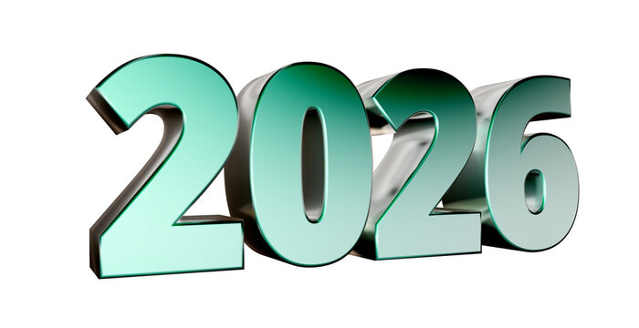 2026 plakative metallische Jahreszahl, 3D-Schrift, Kalender, Perspektive, Nummer, Jubil&auml;um, Neujahr,  business, Planung, Jahreswechsel, Freisteller, Alphakanal, gr&uuml;n, pastell