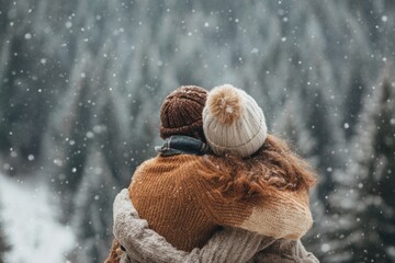 Couple in Love Back Hug Outdoor at Beautiful Snowy Day