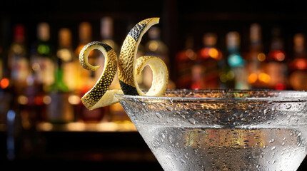 Creative cocktail garnish shaped as number 26 on wet martini glass. New Year 2026 celebration concept in luxury bar with blurred alcohol bottles background.