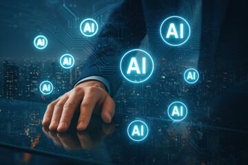 Intelligence ai technology network hand Businessperson hand over glass desk with glowing AI bubble icons and neon circuit overlays above cityscape evoking innovation