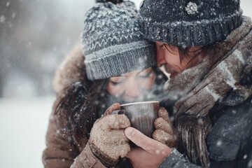 Warm Hearted Couple Sharing Hot Drinks in Snowy Weather