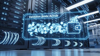 Inside a cutting-edge data center, glowing digital screens display active validator nodes. Glimmers of data flow through advanced networks, showcasing innovation and technology. - Powered by Adobe