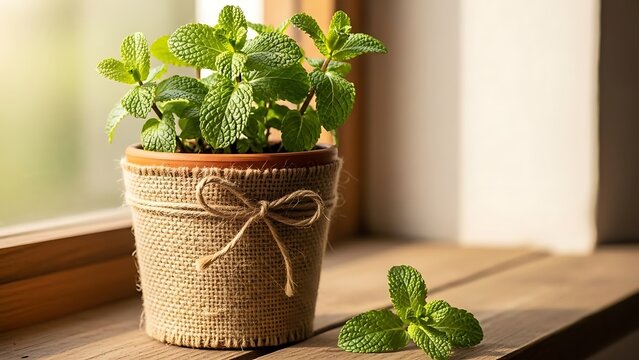 Fresh mint plant in rustic pot on wooden window sill