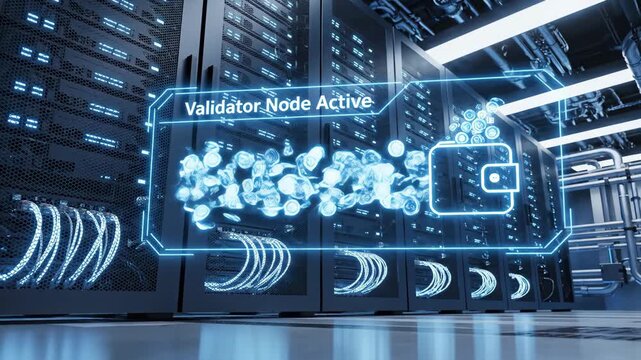 Inside a cutting-edge data center, glowing digital screens display active validator nodes. Glimmers of data flow through advanced networks, showcasing innovation and technology.