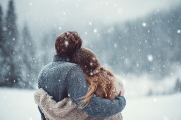 Young Lovers Embracing Outdoors in Snowfall Scene
