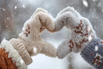Romantic Winter Moment Holding Heart Mittens