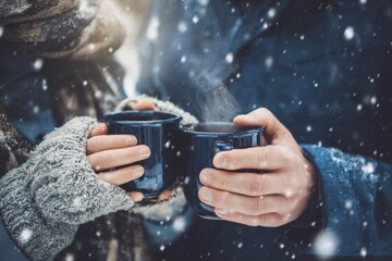 Romantic Winter Moment with Couple Drinking Hot Cocoa