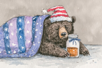 Watercolor illustration of a bear with a honey pot and a Santa hat, hibernating but festive illustration