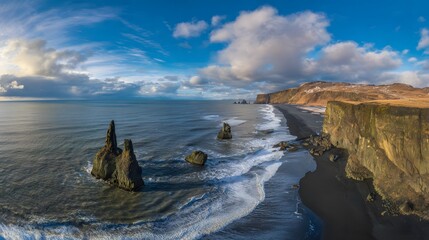 Iceland’s Reynisfjara black sand beach panorama dramatic waves basalt columns serene landscape travel photography
