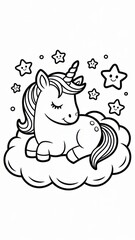 Children’s unicorn coloring page featuring a cute sleeping unicorn resting on a fluffy cloud with stars around. Thin black line art with simple clear contours and many small details.
