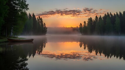 Obraz premium Serene Lake Sunrise: Misty Waters Reflecting Fiery Sky and Forest Silhouette.