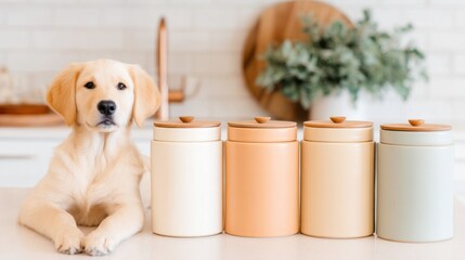 A golden retriever puppy sits beside colorful kitchen storage jars on a bright countertop in a modern home