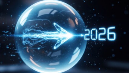 Futuristic glowing blue sphere with energy arrow pointing towards the year 2026