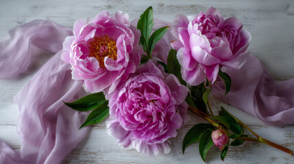 Three lush pink peonies with delicate petals and vibrant golden centers, elegantly arranged with soft pink fabric on a rustic wooden surface.