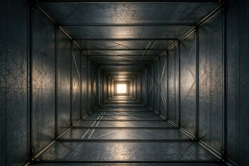 Perspective vanishing point illumination metal duct engineering corridor interior with warm distant light creating dramatic geometric symmetry