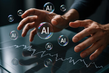 Technology AI finance data innovation hand hovering over glass desk reaching toward floating soap bubble marked AI above distorted financial graph evoking curiosity