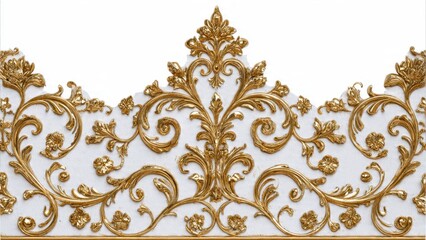 Intricate gold filigree ornamentation on a white background, suggesting baroque or rococo style