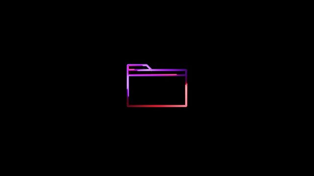 Glowing mobile device folder icon animation on black background. Neon folder opening and closing icon animation. Computer file folder icon. Neon file manager icon.