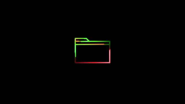 Glowing mobile device folder icon animation on black background. Neon folder opening and closing icon animation. Computer file folder icon. Neon file manager icon.