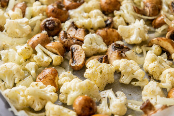 Roasted Cauliflower, Mushrooms, and Onion on Tray – Cozy Autumn Vegetables